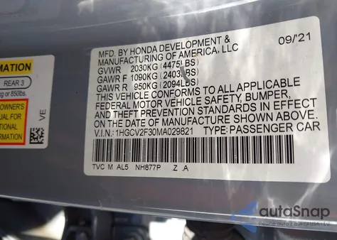 2021 Honda Accord Sport 2.0T from USA, damaged, VIN 1HGCV2F30MA029821